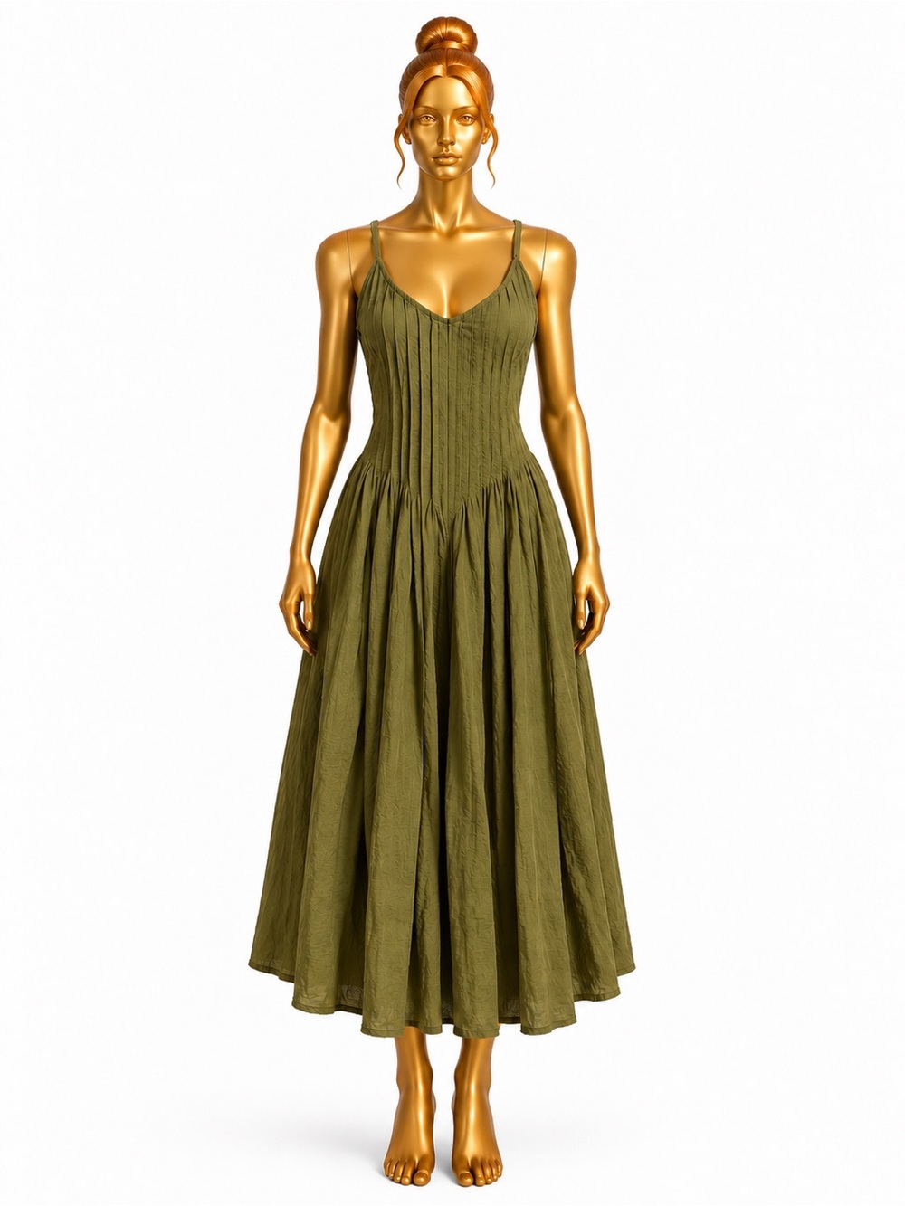 Moon River Medium Olive Green Pleated Bodice Midi Dress Lined Viscose Blend